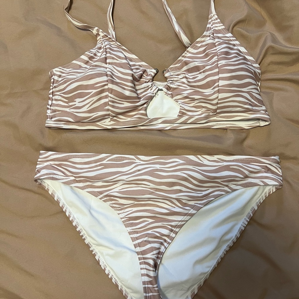Zebra Print Bikini Set - Tan and White